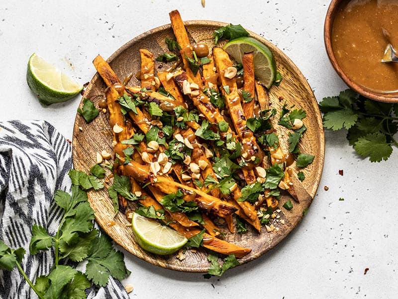 Baked Sweet Potato Fries with Peanut Lime Dressing