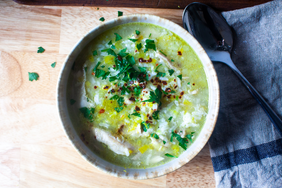 chicken, leek, and rice soup